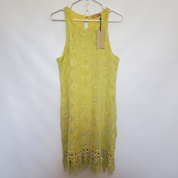 LANGUAGE DRESS SLEEVELESS FRINGE MUSTARD YELLOW EMBROIDERED FLORAL WOMANS ( XL ) - Picture 2 of 15
